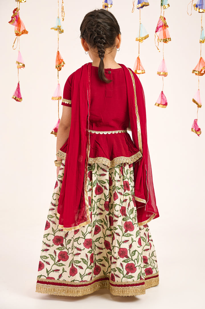 GIRLS MAROON FLORAL HANDBLOCK CHANDERI LEHENGA WITH MAROON PEPLUM TOP AND DUPATTA (SET OF 3)