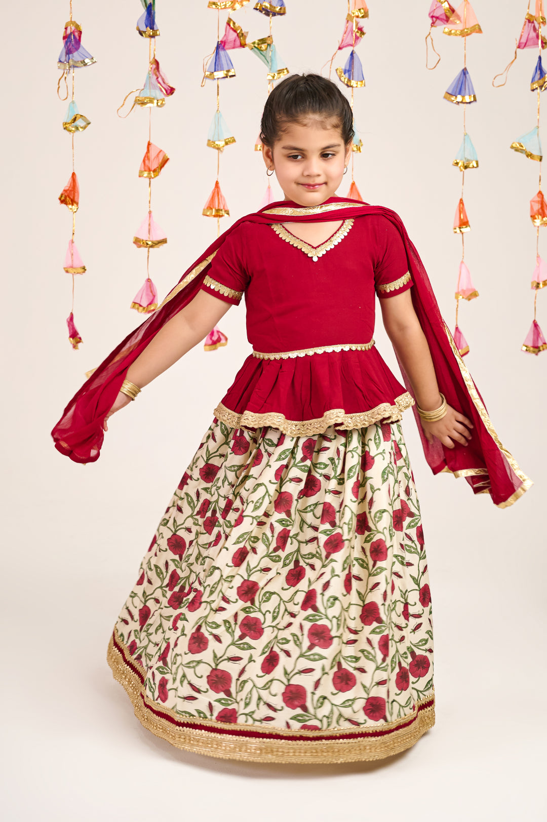 GIRLS MAROON FLORAL HANDBLOCK CHANDERI LEHENGA WITH MAROON PEPLUM TOP AND DUPATTA (SET OF 3)
