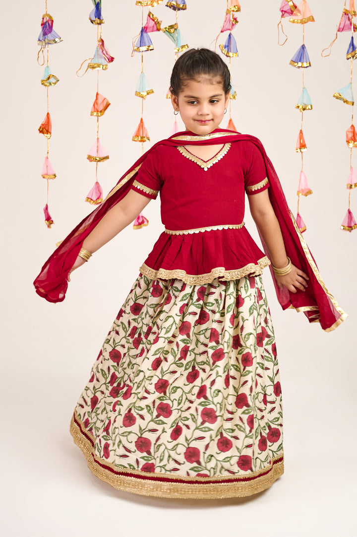 GIRLS MAROON FLORAL HANDBLOCK CHANDERI LEHENGA WITH MAROON PEPLUM TOP AND DUPATTA (SET OF 3)
