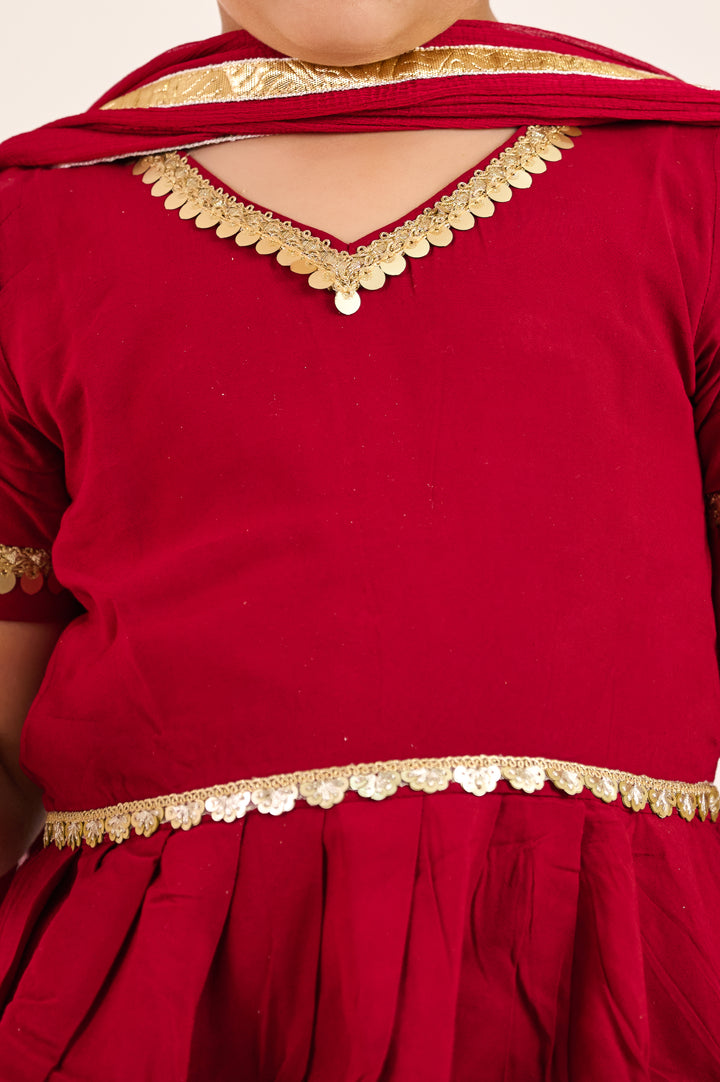 GIRLS MAROON FLORAL HANDBLOCK CHANDERI LEHENGA WITH MAROON PEPLUM TOP AND DUPATTA (SET OF 3)