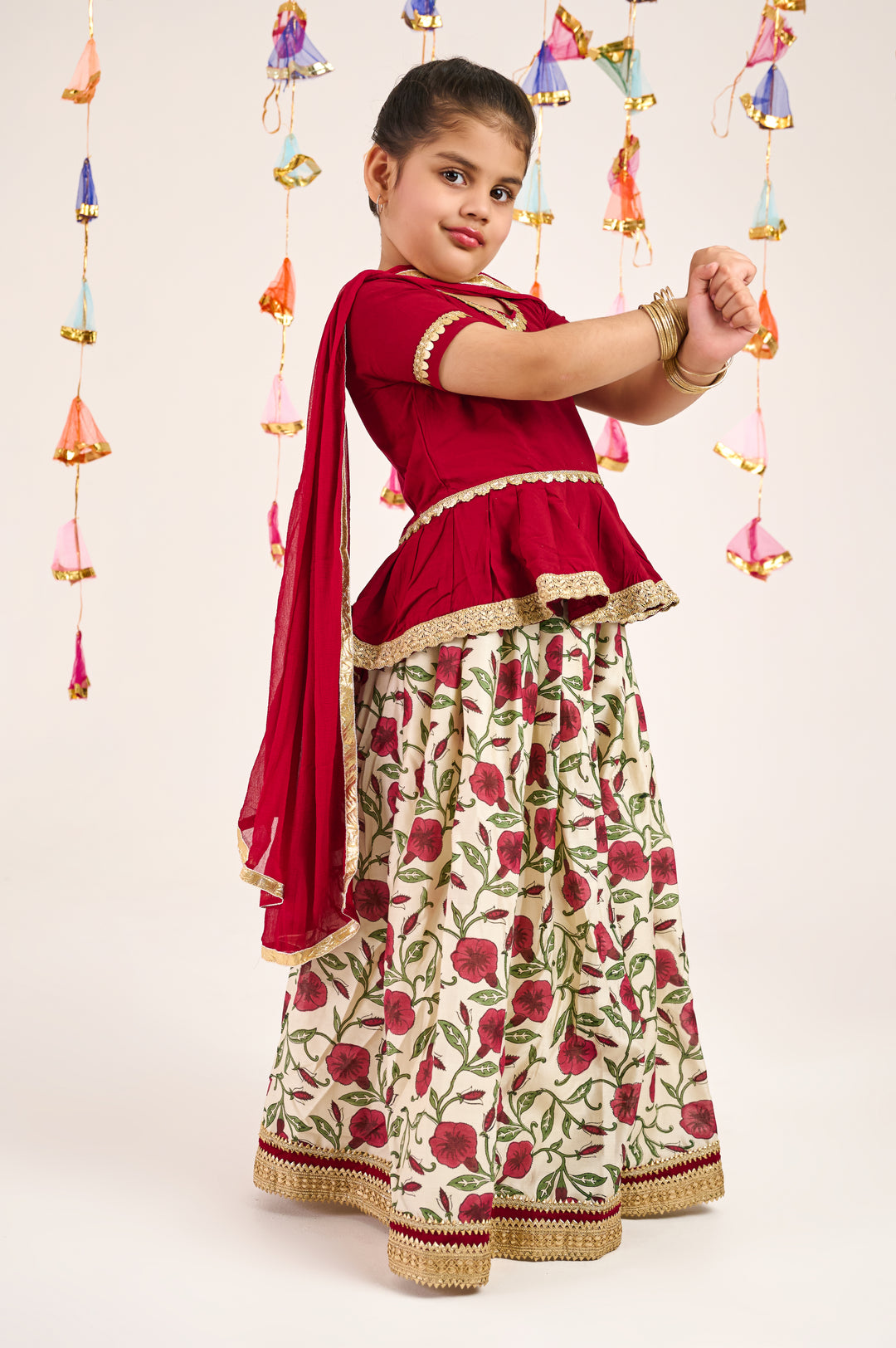 GIRLS MAROON FLORAL HANDBLOCK CHANDERI LEHENGA WITH MAROON PEPLUM TOP AND DUPATTA (SET OF 3)