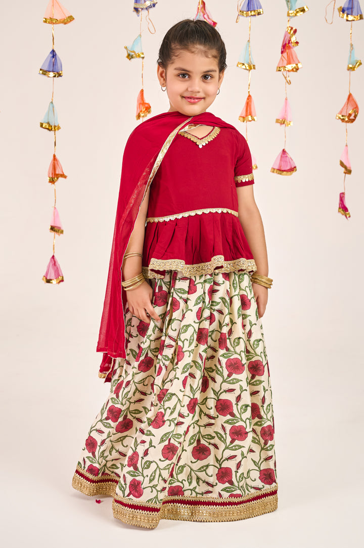GIRLS MAROON FLORAL HANDBLOCK CHANDERI LEHENGA WITH MAROON PEPLUM TOP AND DUPATTA (SET OF 3)
