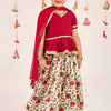 GIRLS MAROON FLORAL HANDBLOCK CHANDERI LEHENGA WITH MAROON PEPLUM TOP AND DUPATTA (SET OF 3)