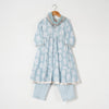 GIRLS POWDER BLUE WHITE BUTI KURTI WITH BLUE STRIPED PANT AND DUPATTA (SET OF 3)