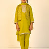 GIRLS GREEN MUSLIN KURTI PANT WITH SHORT JACKET AND DUPATTA (SET OF 3)