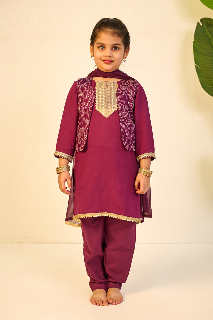 GIRLS PURPLE MUSLIN KURTI PANT WITH SHORT JACKET AND DUPATTA (SET OF 3)