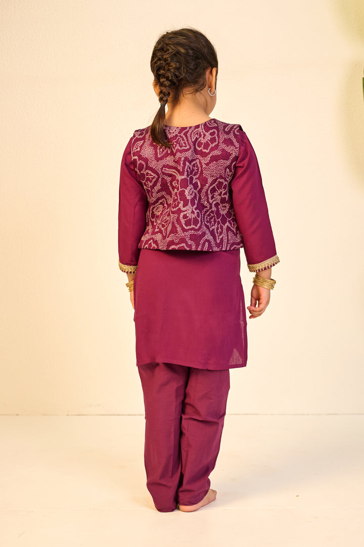 GIRLS PURPLE MUSLIN KURTI PANT WITH SHORT JACKET AND DUPATTA (SET OF 3)