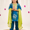 GIRLS BLUE GREEN FLORAL KURTI WITH BLUE PANT AND DUPATTA (SET OF 3)