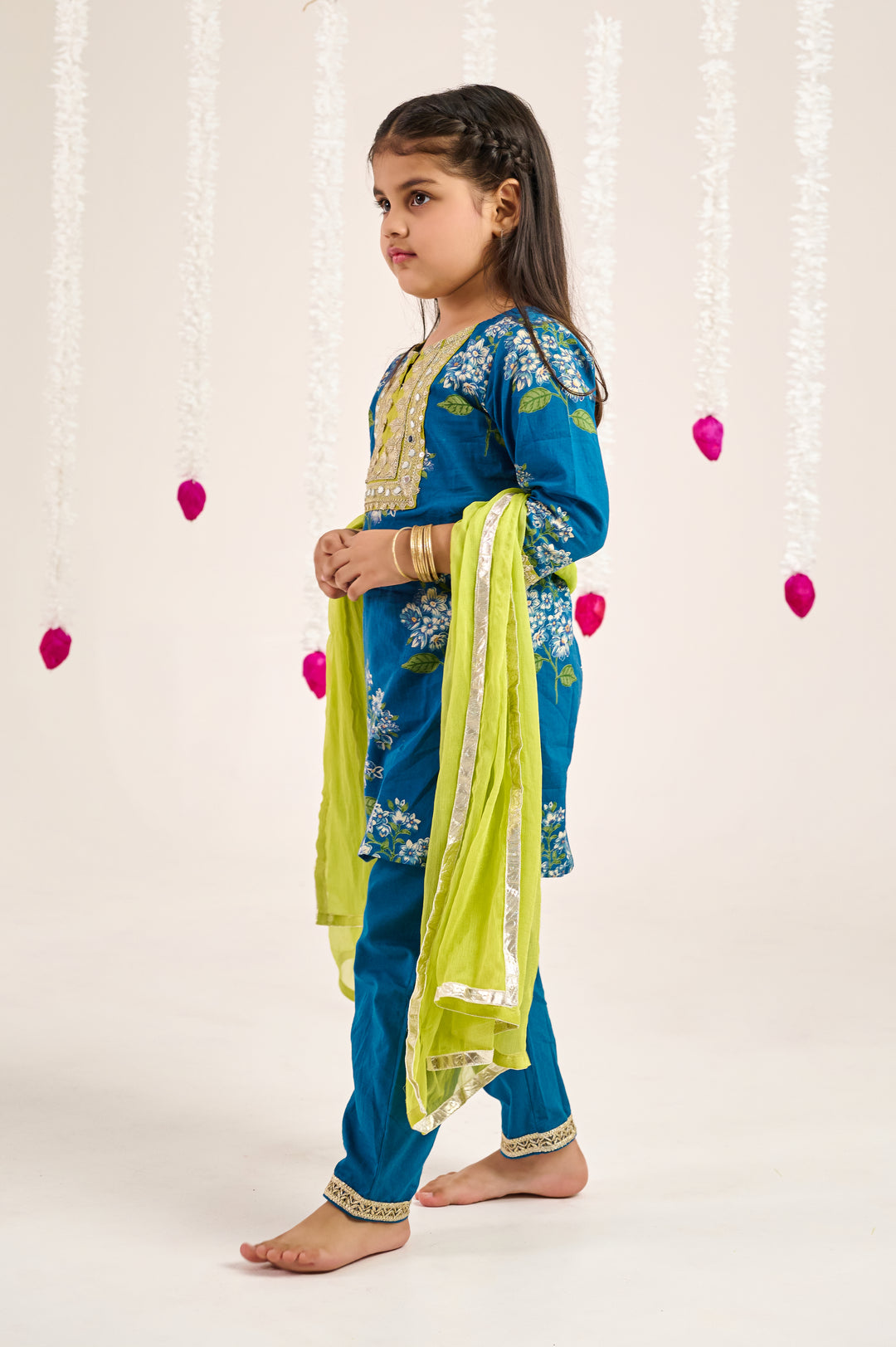 GIRLS BLUE GREEN FLORAL KURTI WITH BLUE PANT AND DUPATTA (SET OF 3)