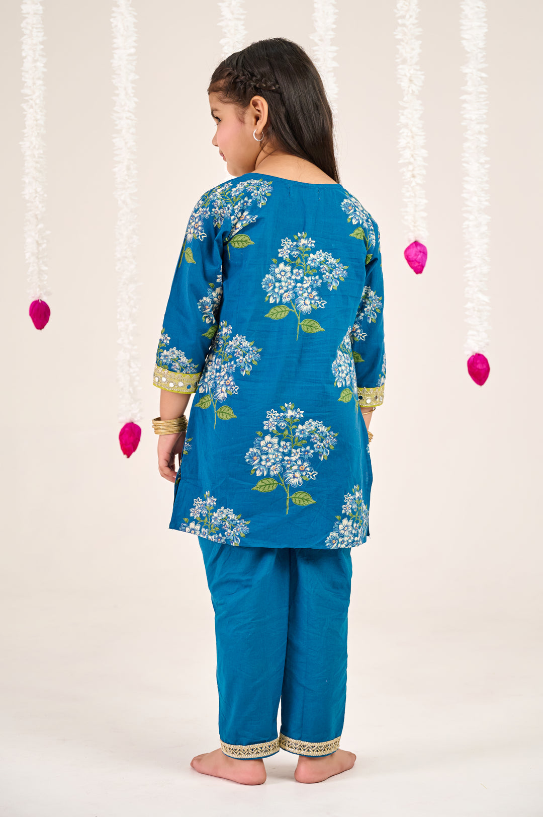 GIRLS BLUE GREEN FLORAL KURTI WITH BLUE PANT AND DUPATTA (SET OF 3)