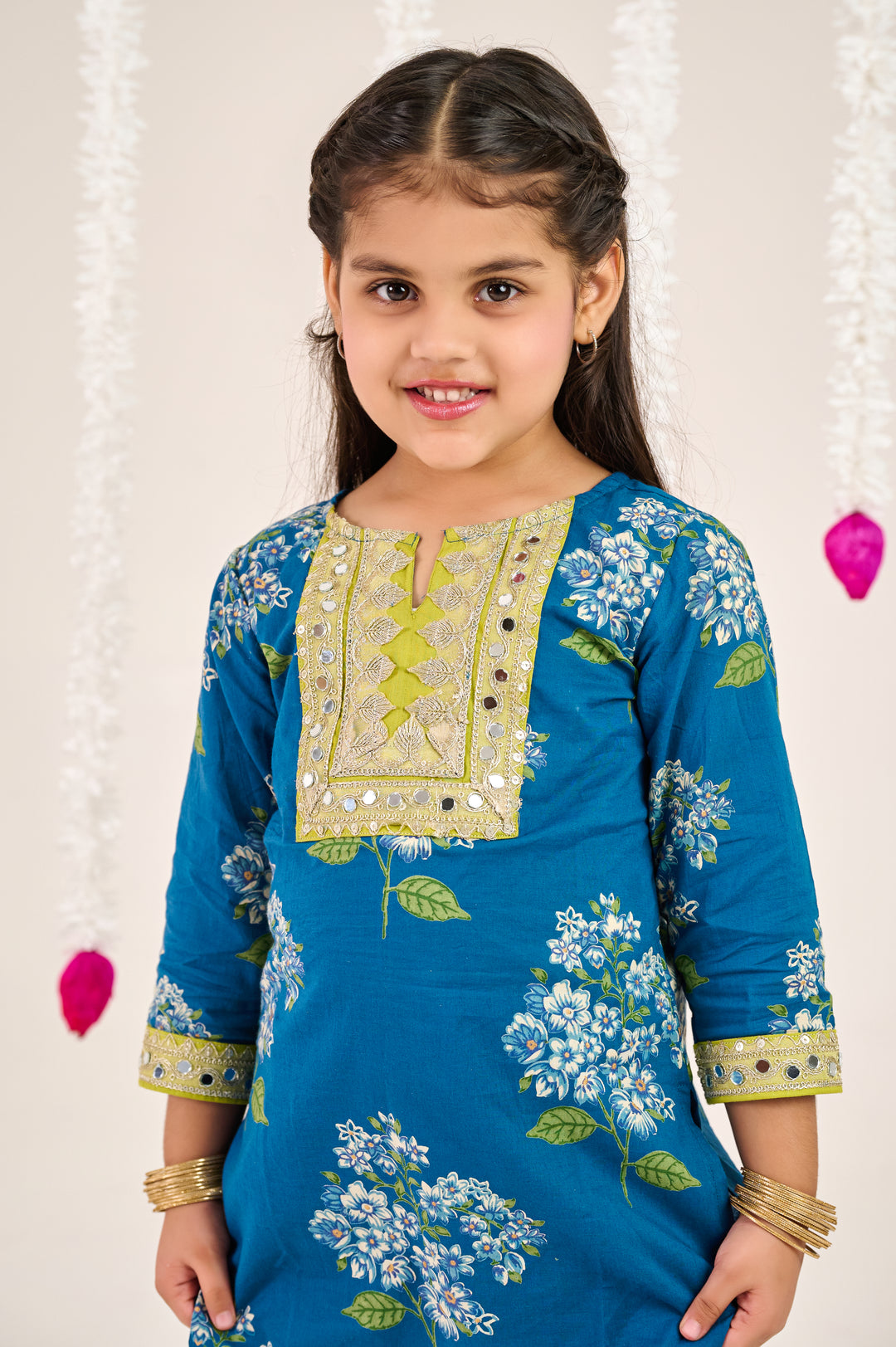 GIRLS BLUE GREEN FLORAL KURTI WITH BLUE PANT AND DUPATTA (SET OF 3)