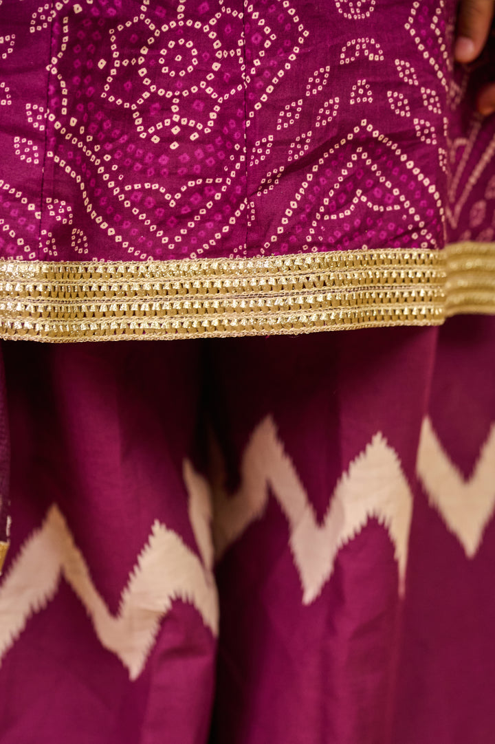 GIRLS PURPLE BANDHEJ KURTI WITH LEHERIYA PALAZZO AND DUPATTA (SET OF 3)