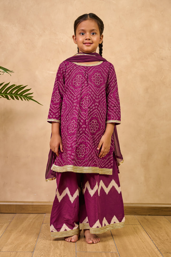 GIRLS PURPLE BANDHEJ KURTI WITH LEHERIYA PALAZZO AND DUPATTA (SET OF 3)