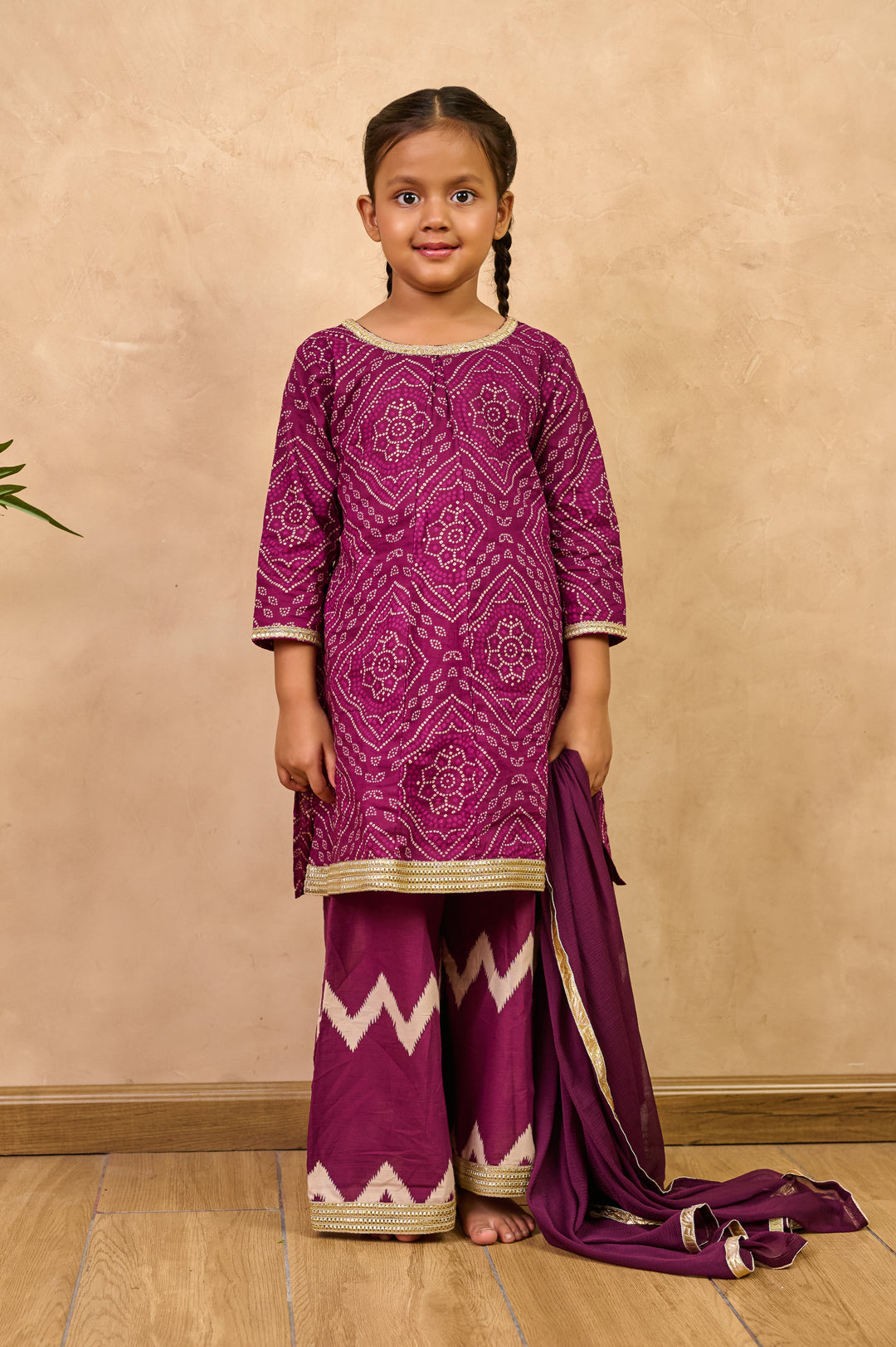 GIRLS PURPLE BANDHEJ KURTI WITH LEHERIYA PALAZZO AND DUPATTA (SET OF 3)