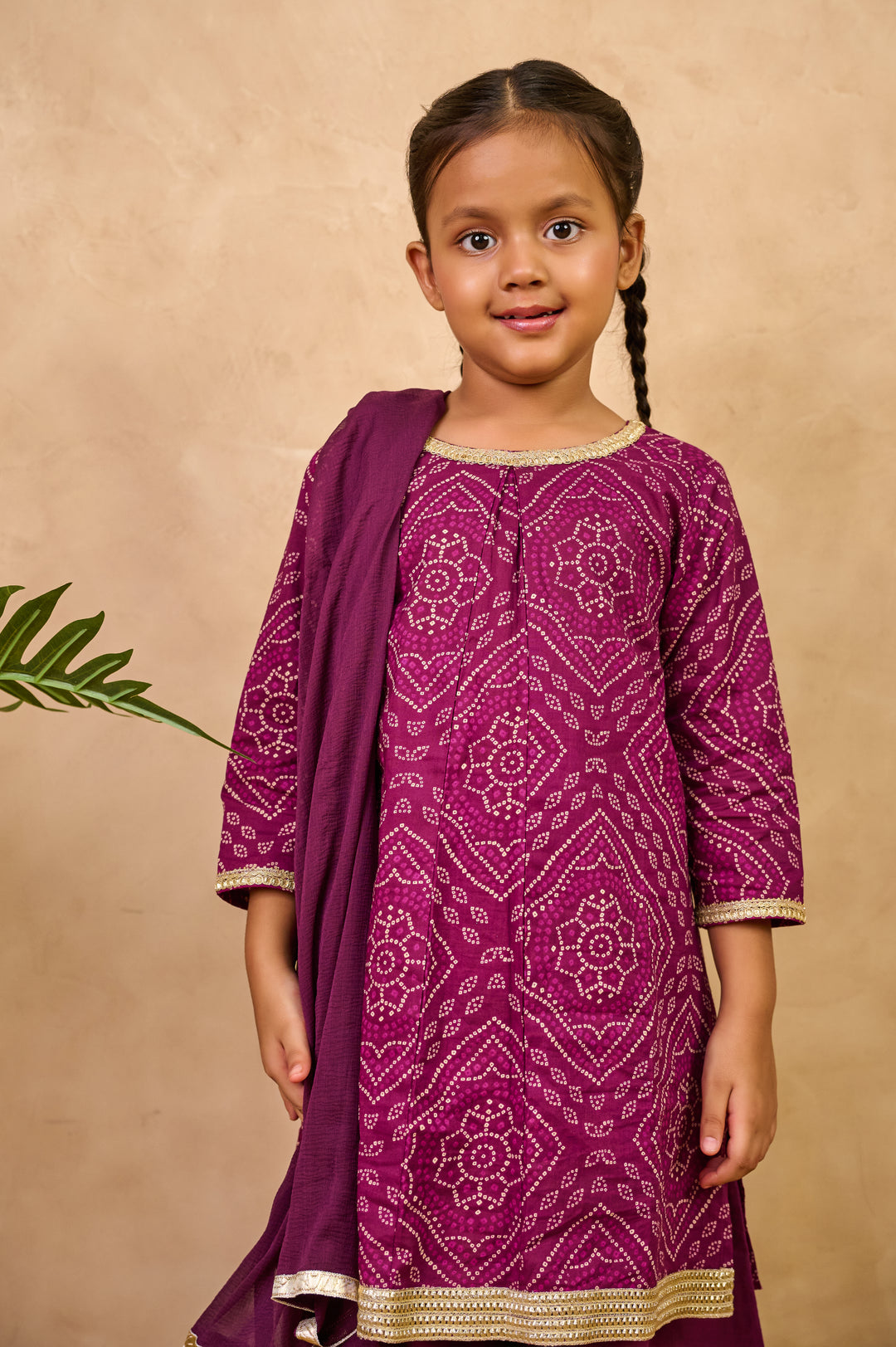 GIRLS PURPLE BANDHEJ KURTI WITH LEHERIYA PALAZZO AND DUPATTA (SET OF 3)