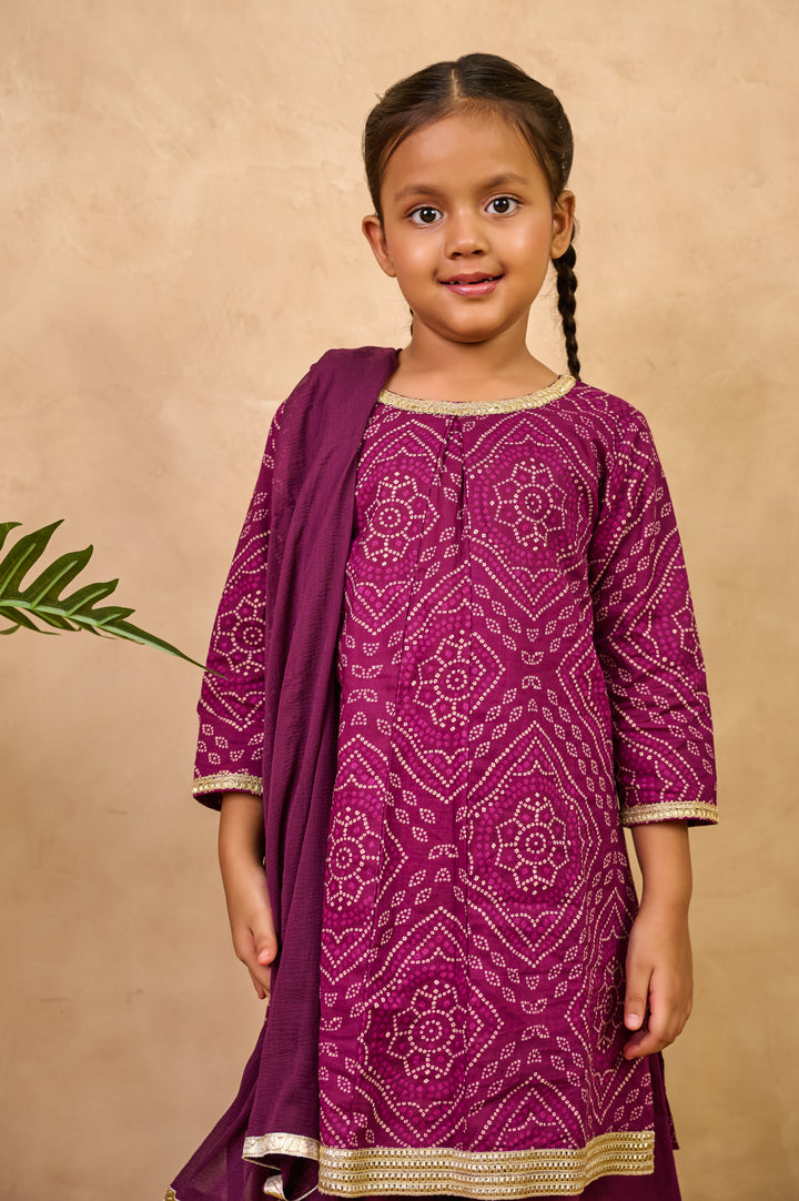 GIRLS PURPLE BANDHEJ KURTI WITH LEHERIYA PALAZZO AND DUPATTA (SET OF 3)