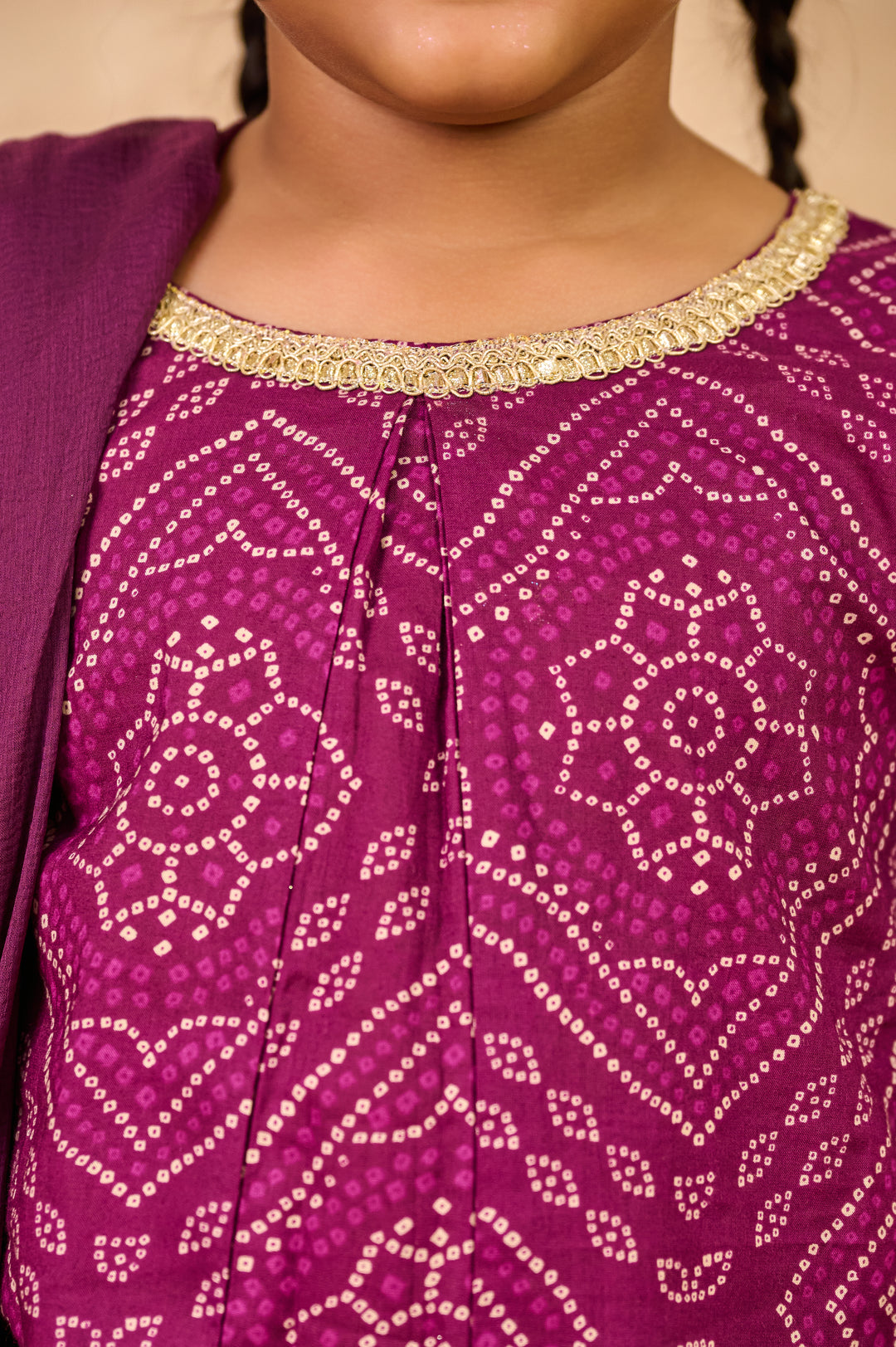GIRLS PURPLE BANDHEJ KURTI WITH LEHERIYA PALAZZO AND DUPATTA (SET OF 3)