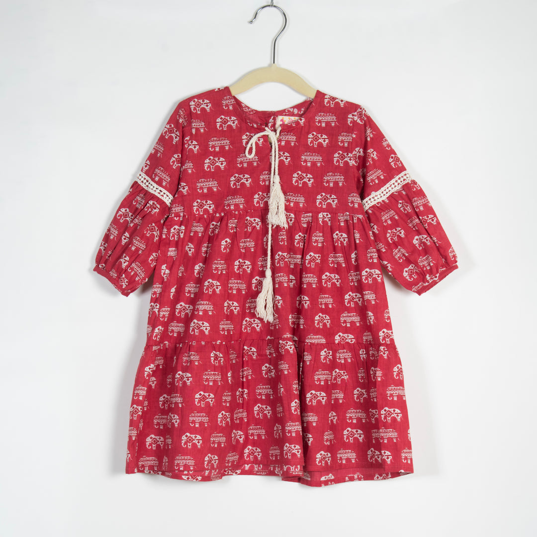 GIRLS RED ELEPHANT TIER DRESS WITH CROCIA LACE