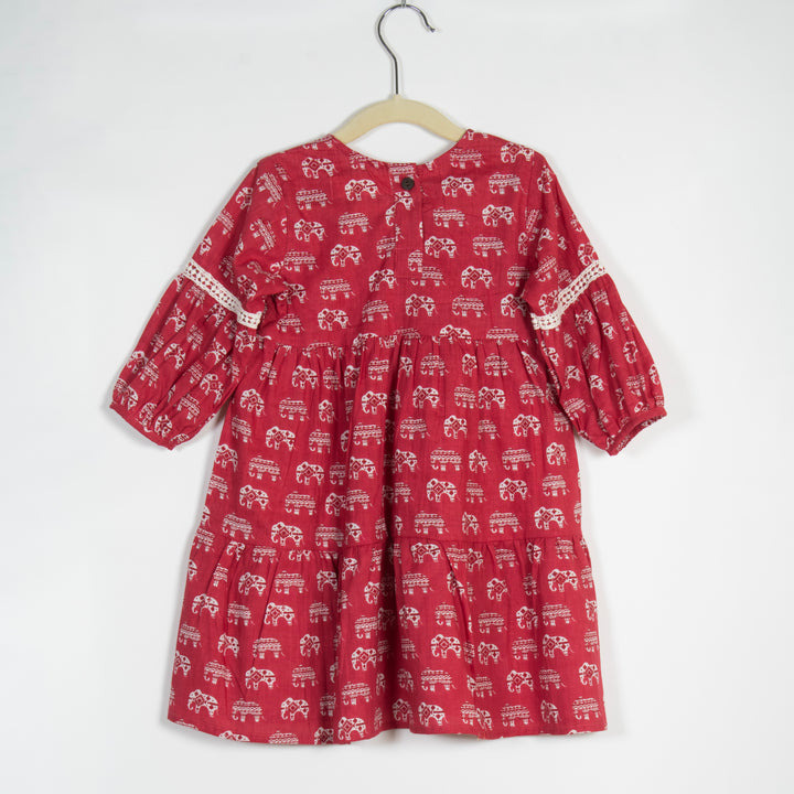 GIRLS RED ELEPHANT TIER DRESS WITH CROCIA LACE