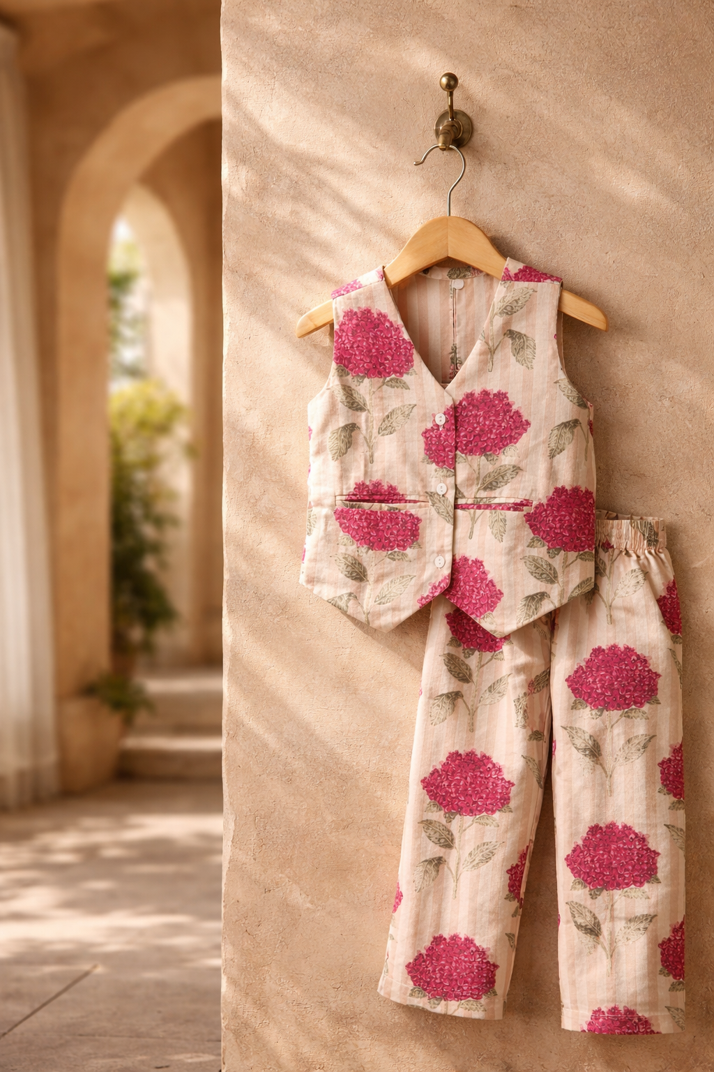 Girls Pink Floral Waist Coat with Pant Co-Ord Set with Bag