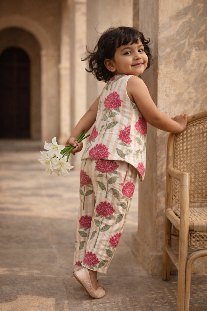 Girls Pink Floral Waist Coat with Pant Co-Ord Set with Bag