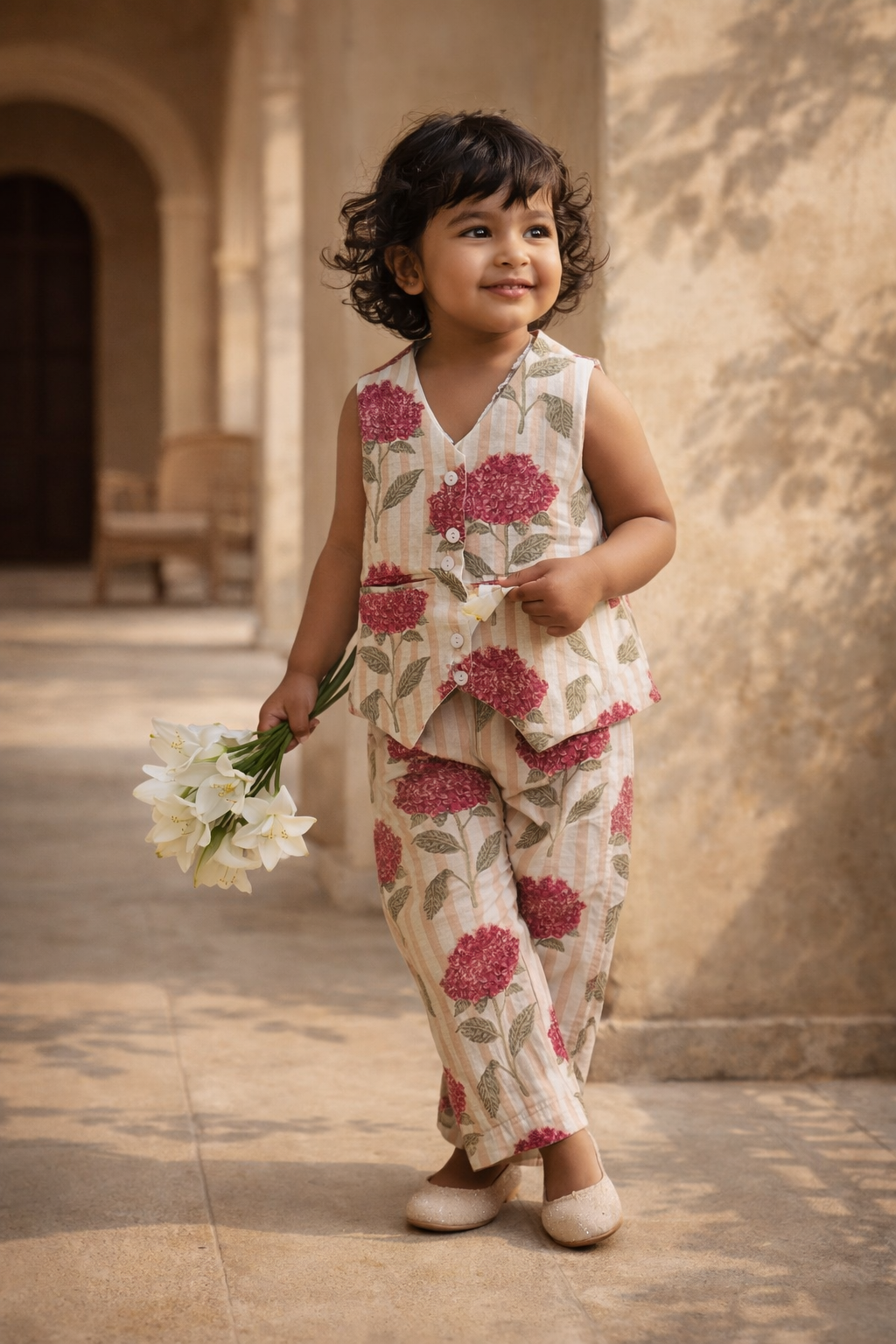 Girls Pink Floral Waist Coat with Pant Co-Ord Set with Bag