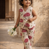 Girls Pink Floral Waist Coat with Pant Co-Ord Set with Bag