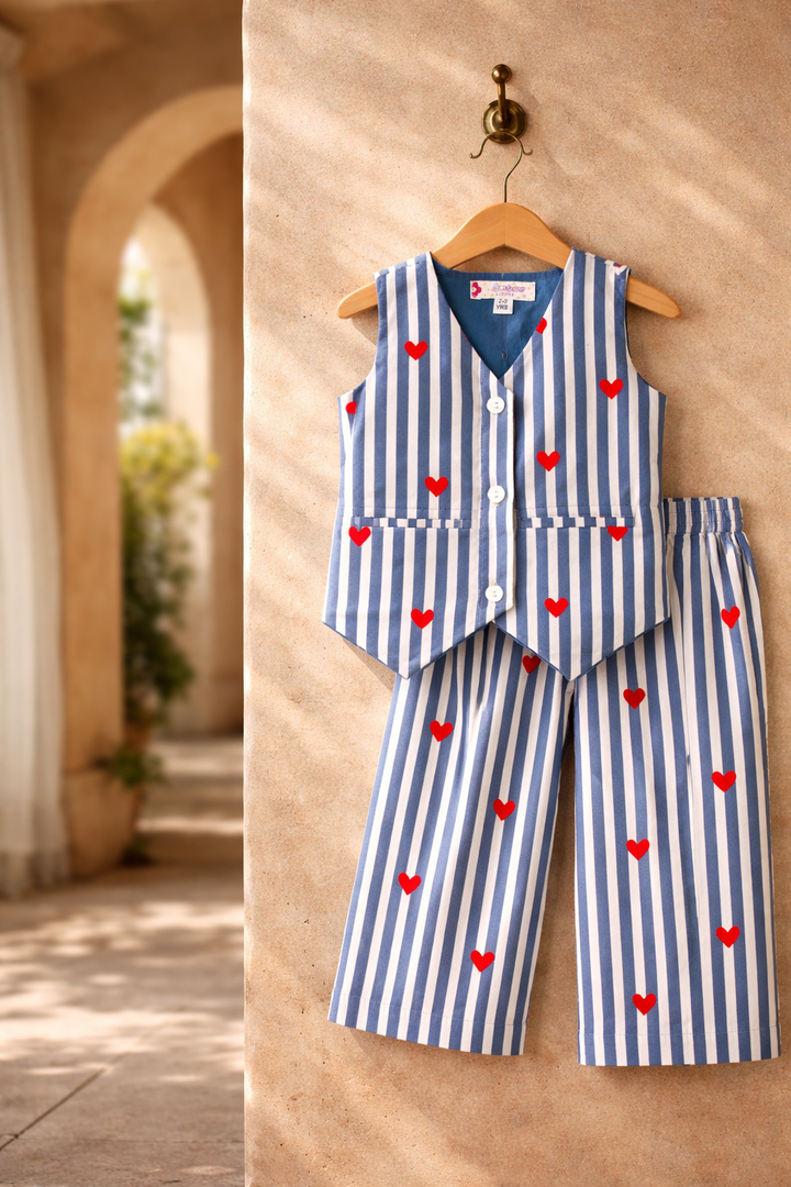 Girls Blue Heart Waist Coat with Pant Co-Ord Set with Bag