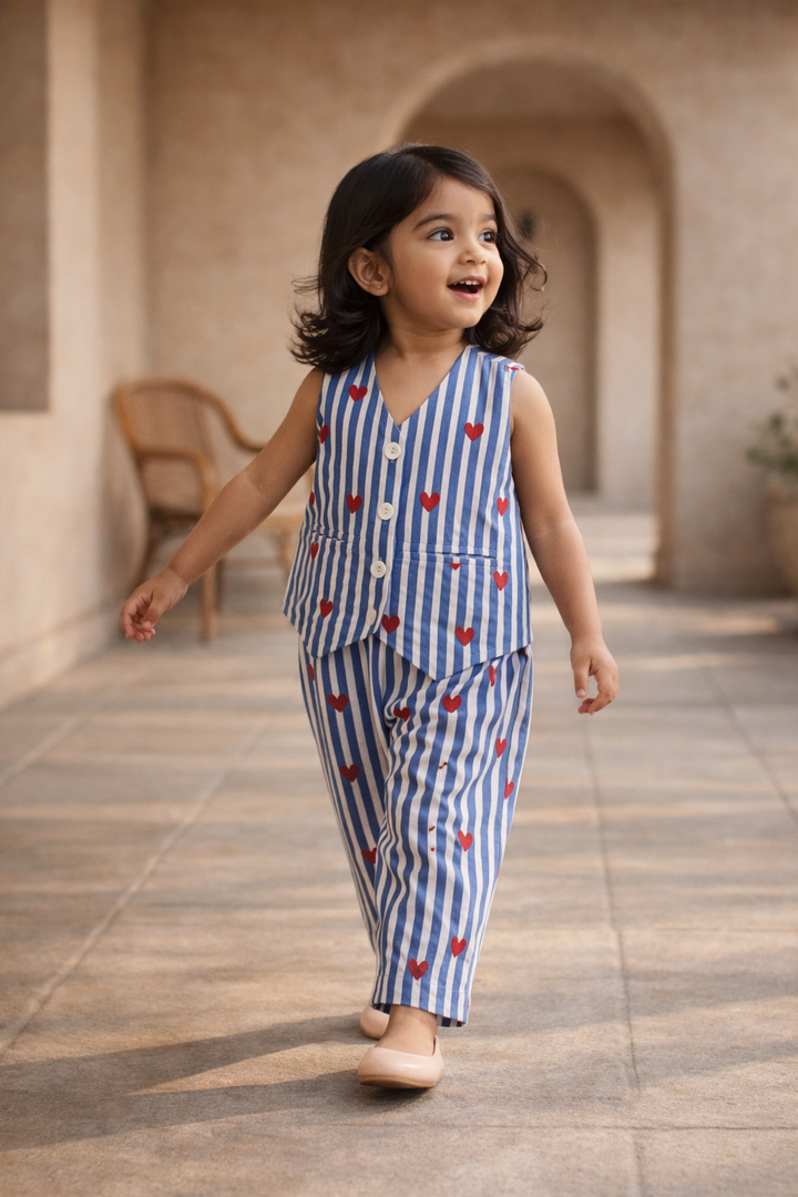 Girls Blue Heart Waist Coat with Pant Co-Ord Set with Bag