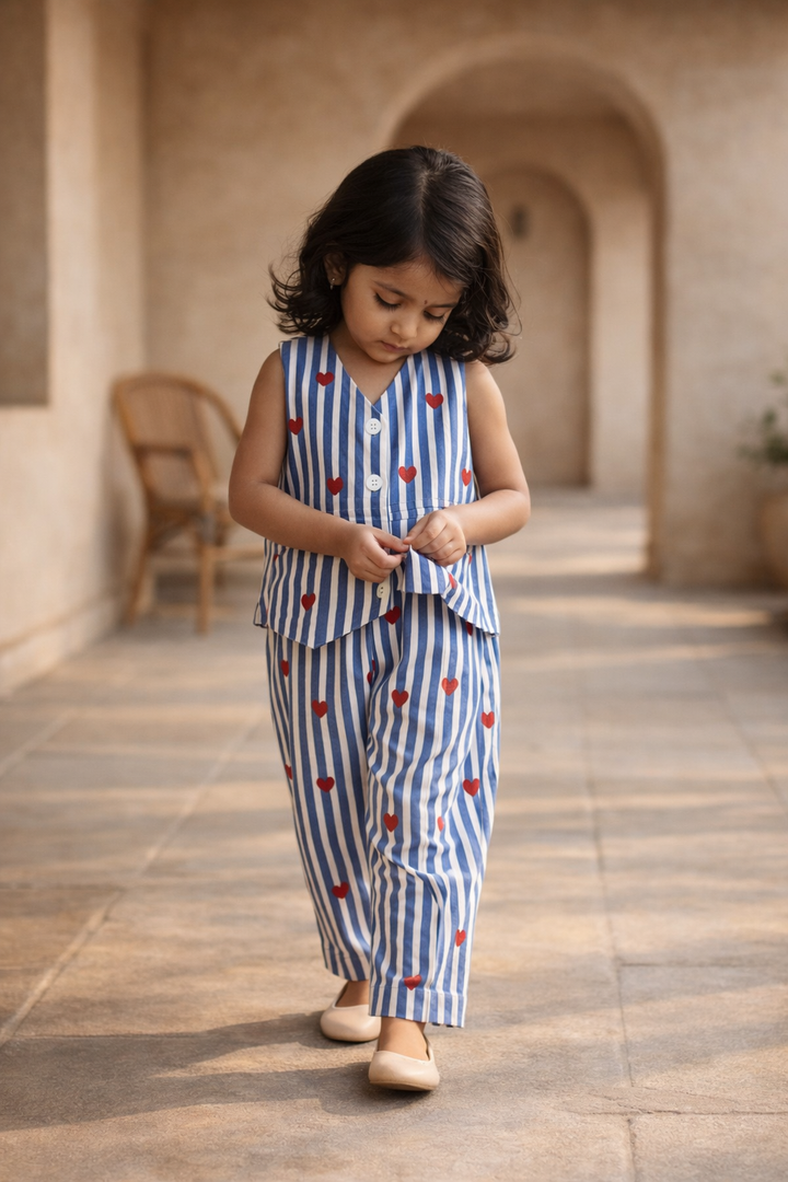 Girls Blue Heart Waist Coat with Pant Co-Ord Set with Bag