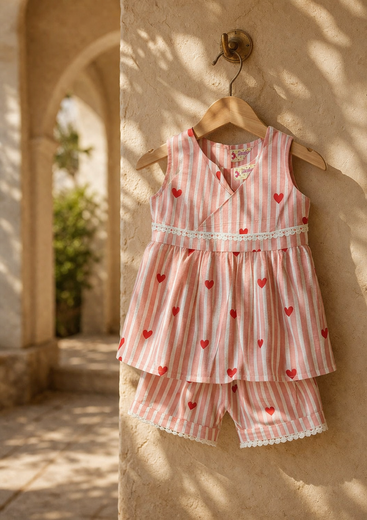 Girls Peach Heart Top with Shorts with Summer Hat