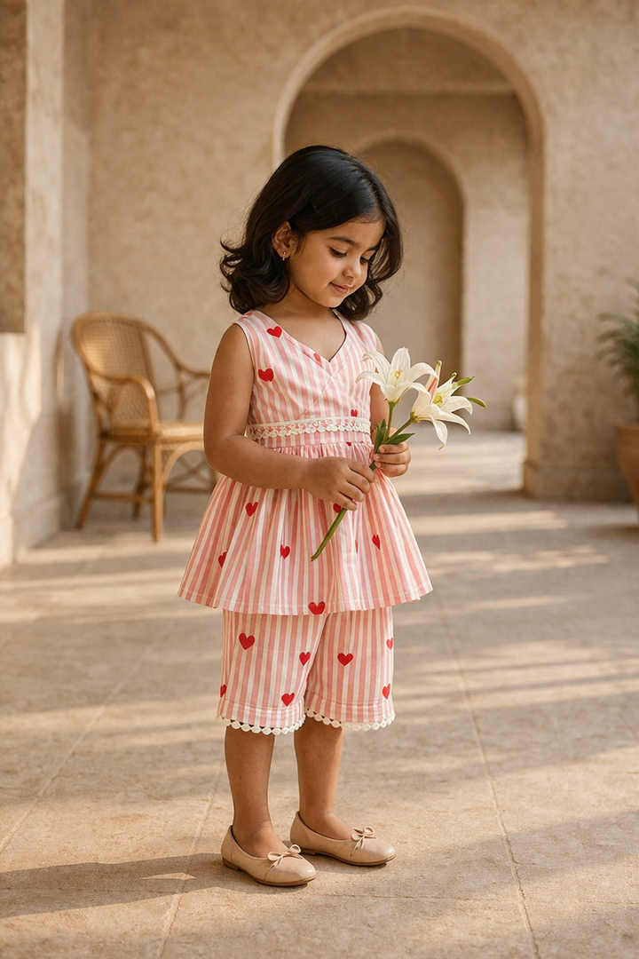 Girls Peach Heart Top with Shorts with Summer Hat
