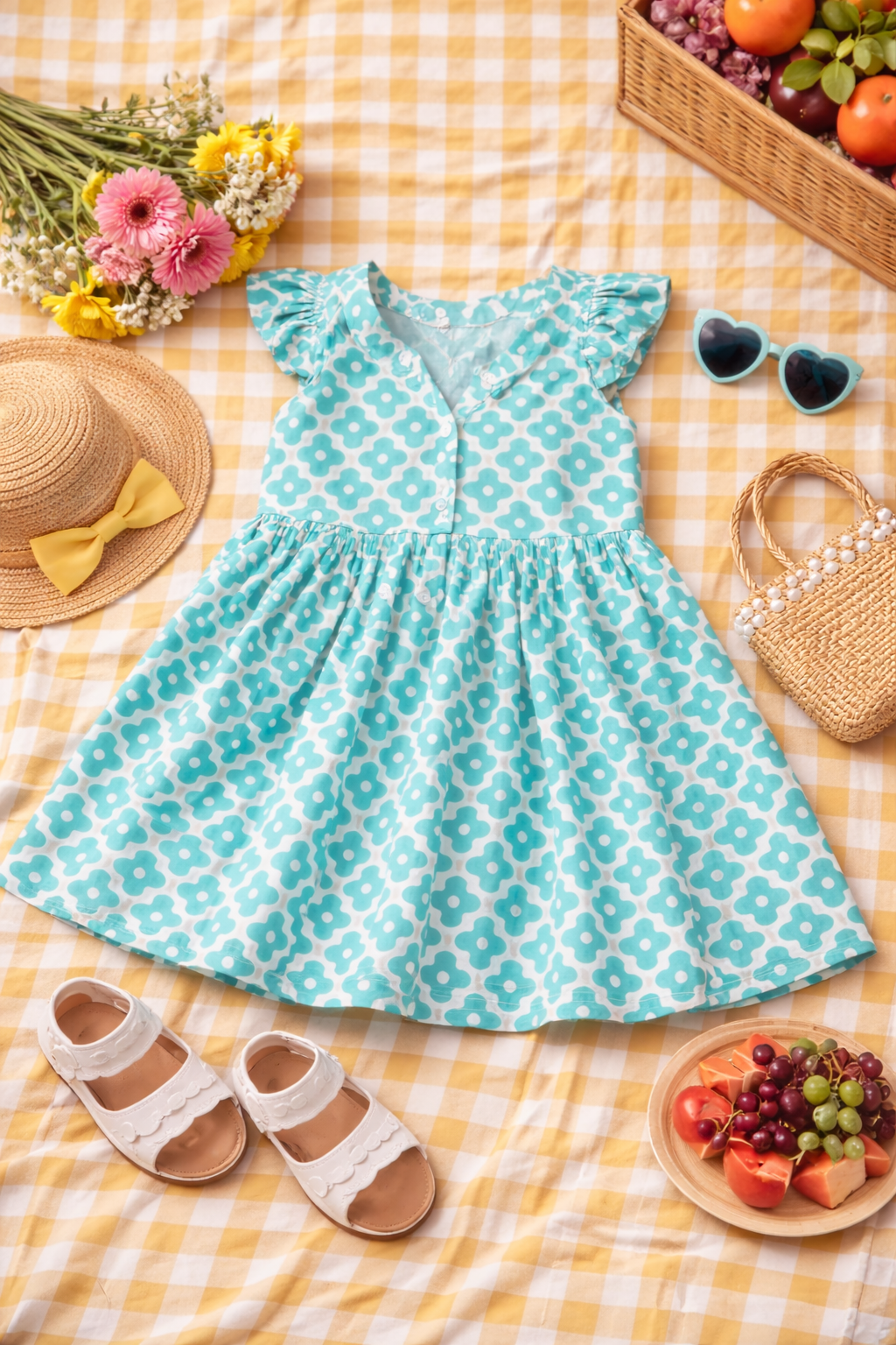 Girls Aqua Green Ruffled Shouldered Frock