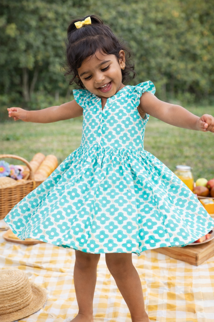 Girls Aqua Green Ruffled Shouldered Frock