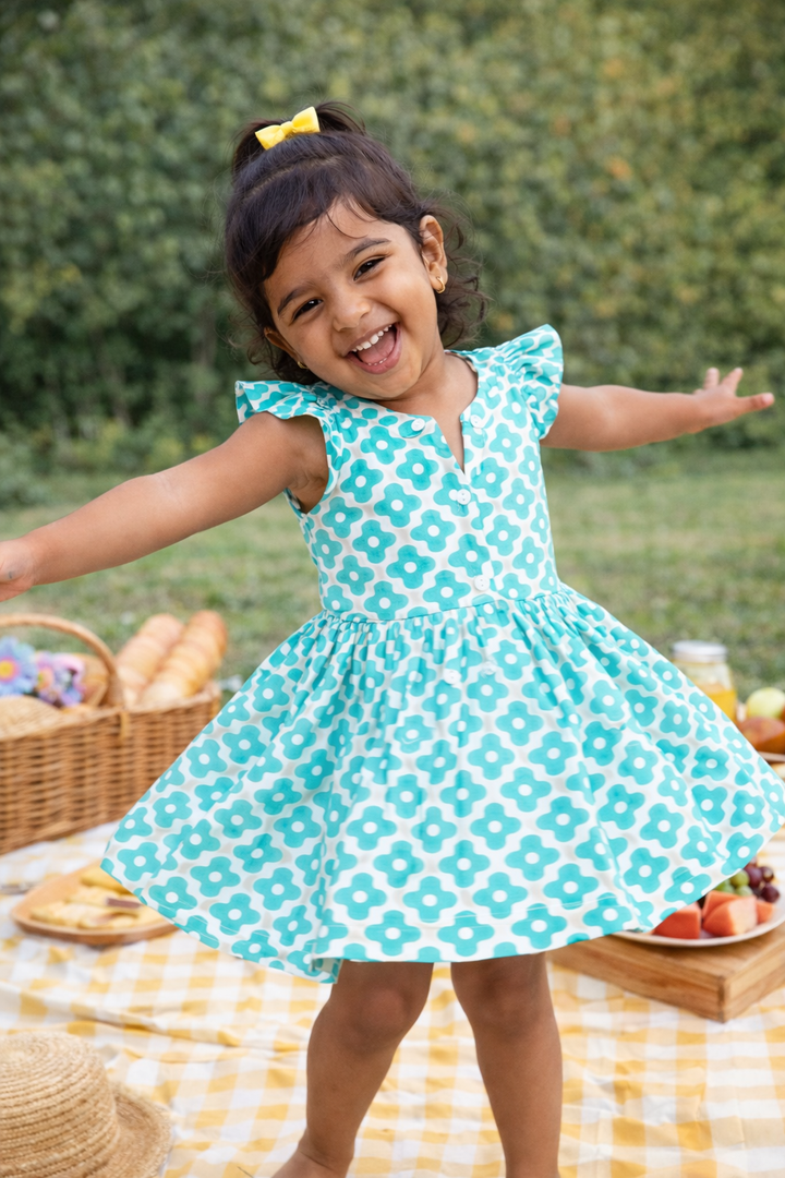 Girls Aqua Green Ruffled Shouldered Frock