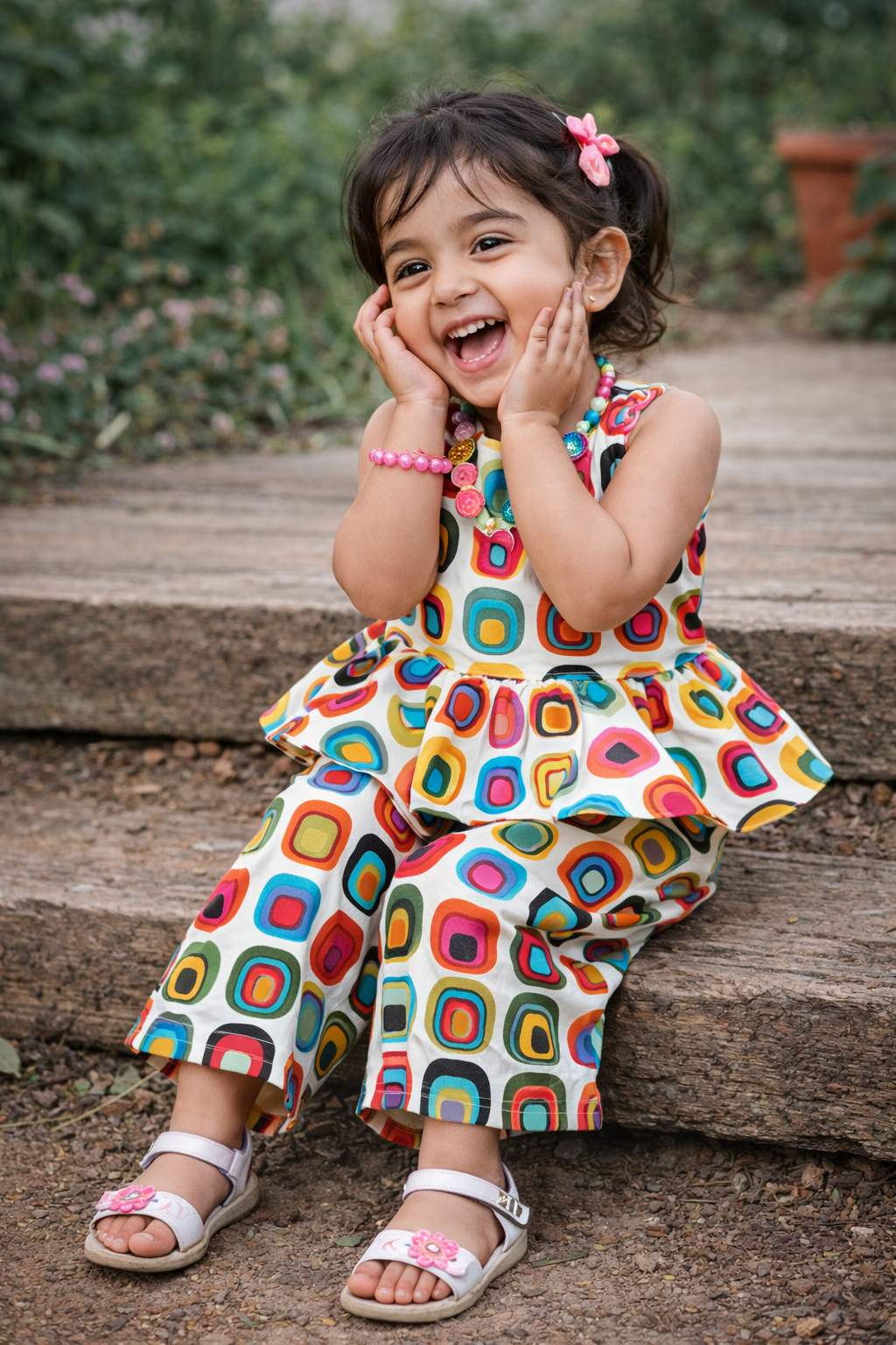 Girls Multi Colored Peplum Top with Pant Co-Ord Set and Hat