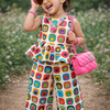 Girls Multi Colored Peplum Top with Pant Co-Ord Set and Hat