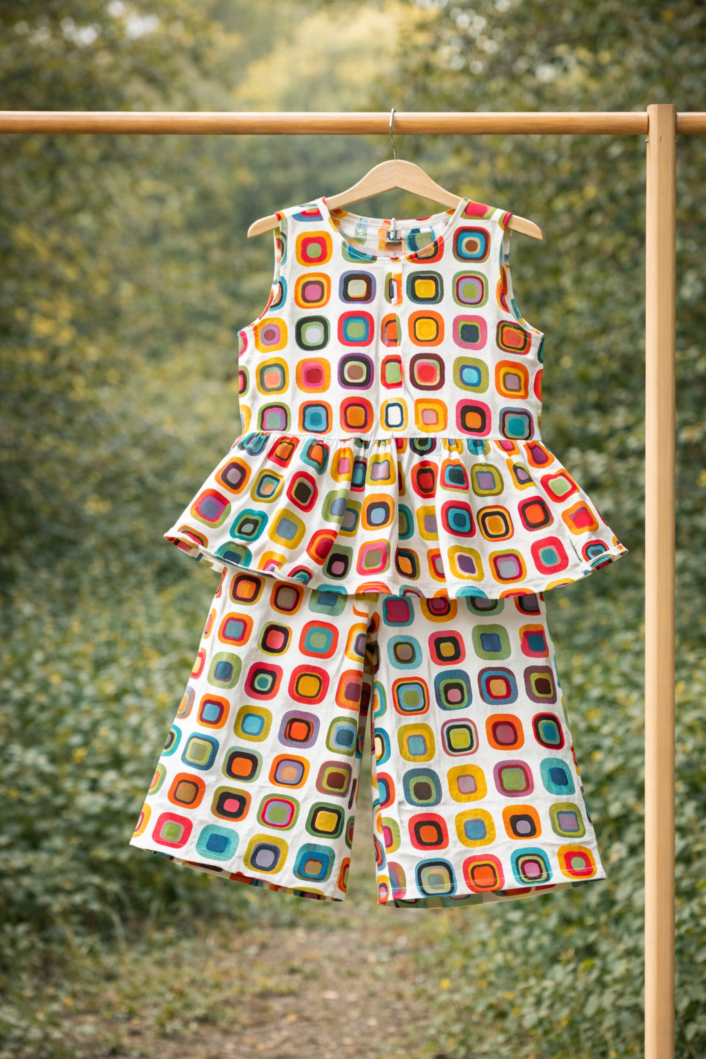 Girls Multi Colored Peplum Top with Pant Co-Ord Set and Hat