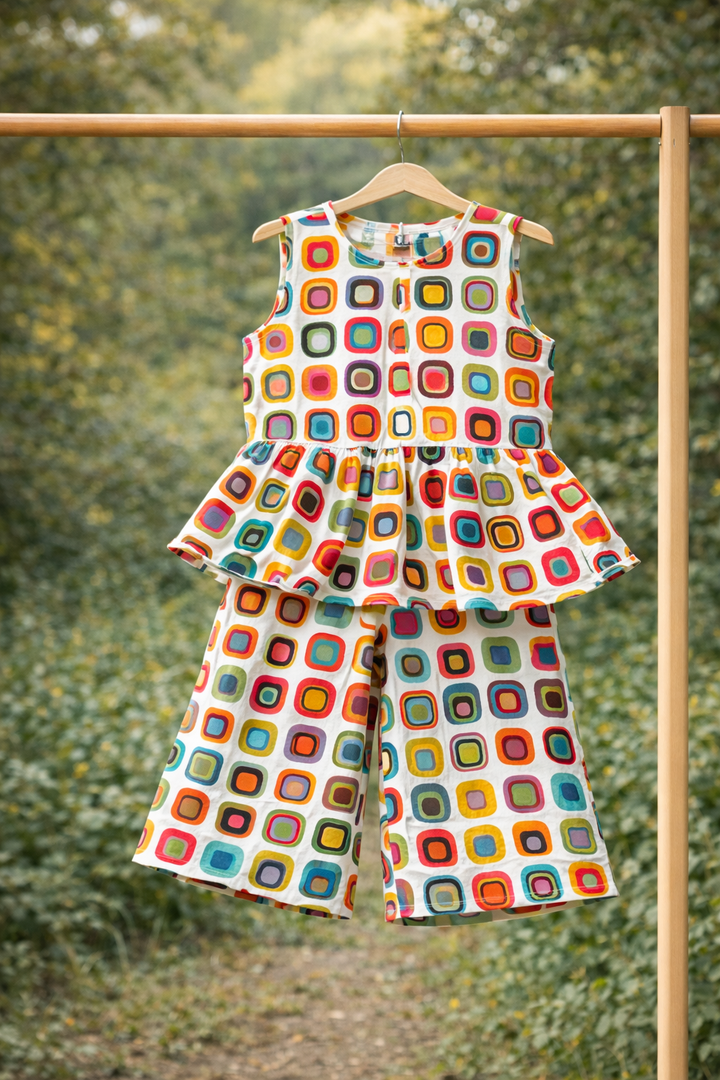 Girls Multi Colored Peplum Top with Pant Co-Ord Set and Hat