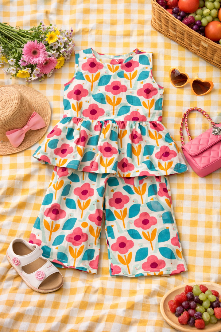 Girls Floral Peplum Top with Pant Co-Ord Set and Hat