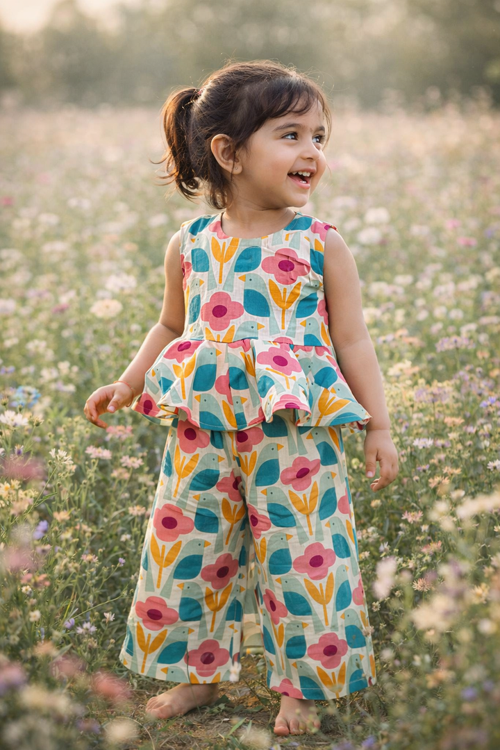 Girls Floral Peplum Top with Pant Co-Ord Set and Hat