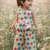 Girls Floral Peplum Top with Pant Co-Ord Set and Hat