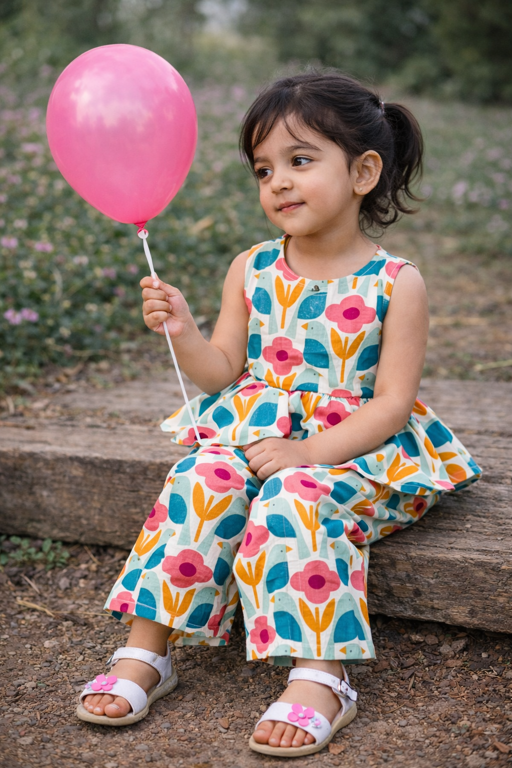 Girls Floral Peplum Top with Pant Co-Ord Set and Hat