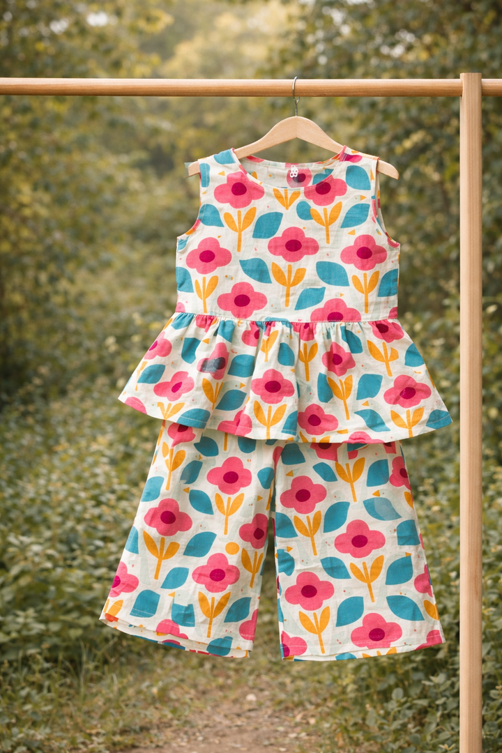 Girls Floral Peplum Top with Pant Co-Ord Set and Hat