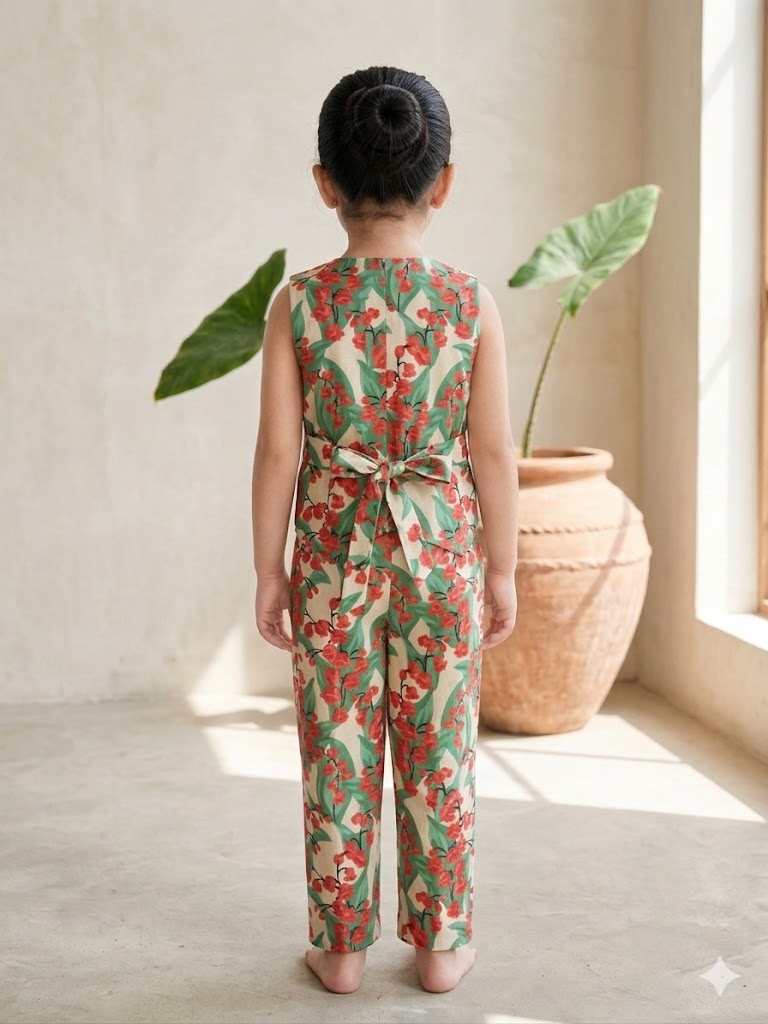 Girls Green Floral Waist Coast with Pant Co-Ord Set with Bag