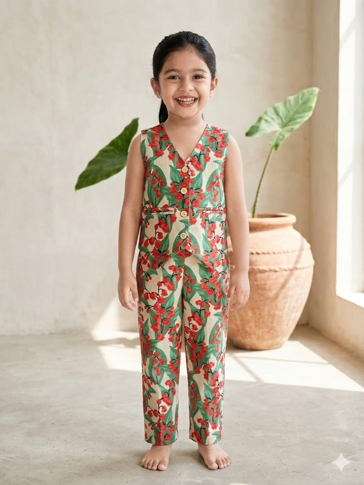 Girls Green Floral Waist Coast with Pant Co-Ord Set with Bag