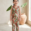 Girls Green Floral Waist Coast with Pant Co-Ord Set with Bag