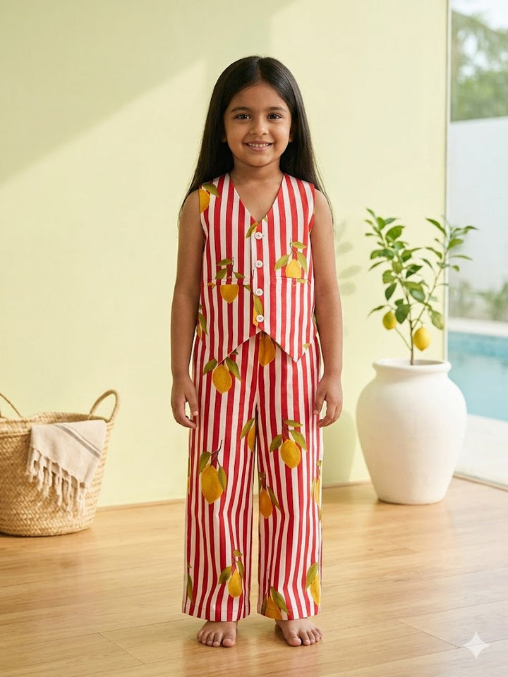 Girls Red White Lemon Print Waist Coat with Pant Co-Ord Set with Bag