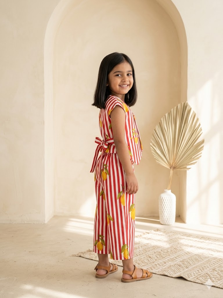 Girls Red White Lemon Print Waist Coat with Pant Co-Ord Set with Bag