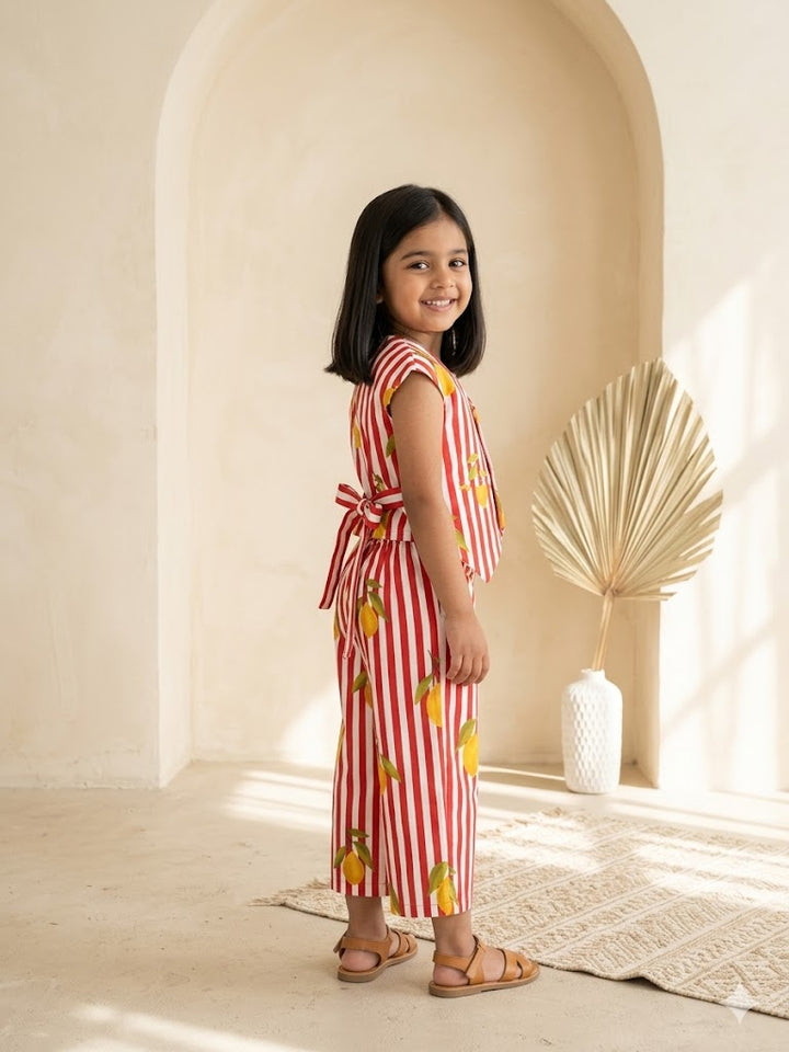 Girls Red White Lemon Print Waist Coat with Pant Co-Ord Set with Bag